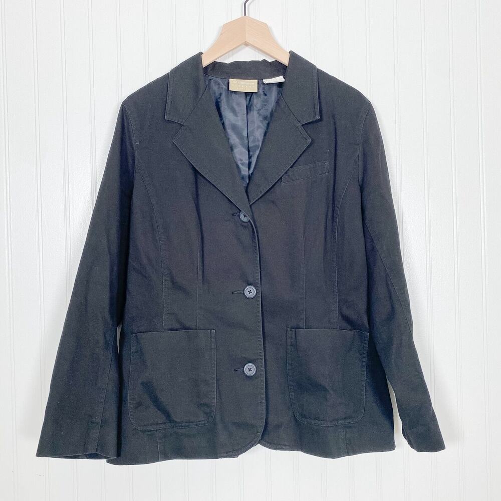 Liz Claiborne Womens Blazer Size 12 Petite Black Notch Lapel 100% Cotton Career